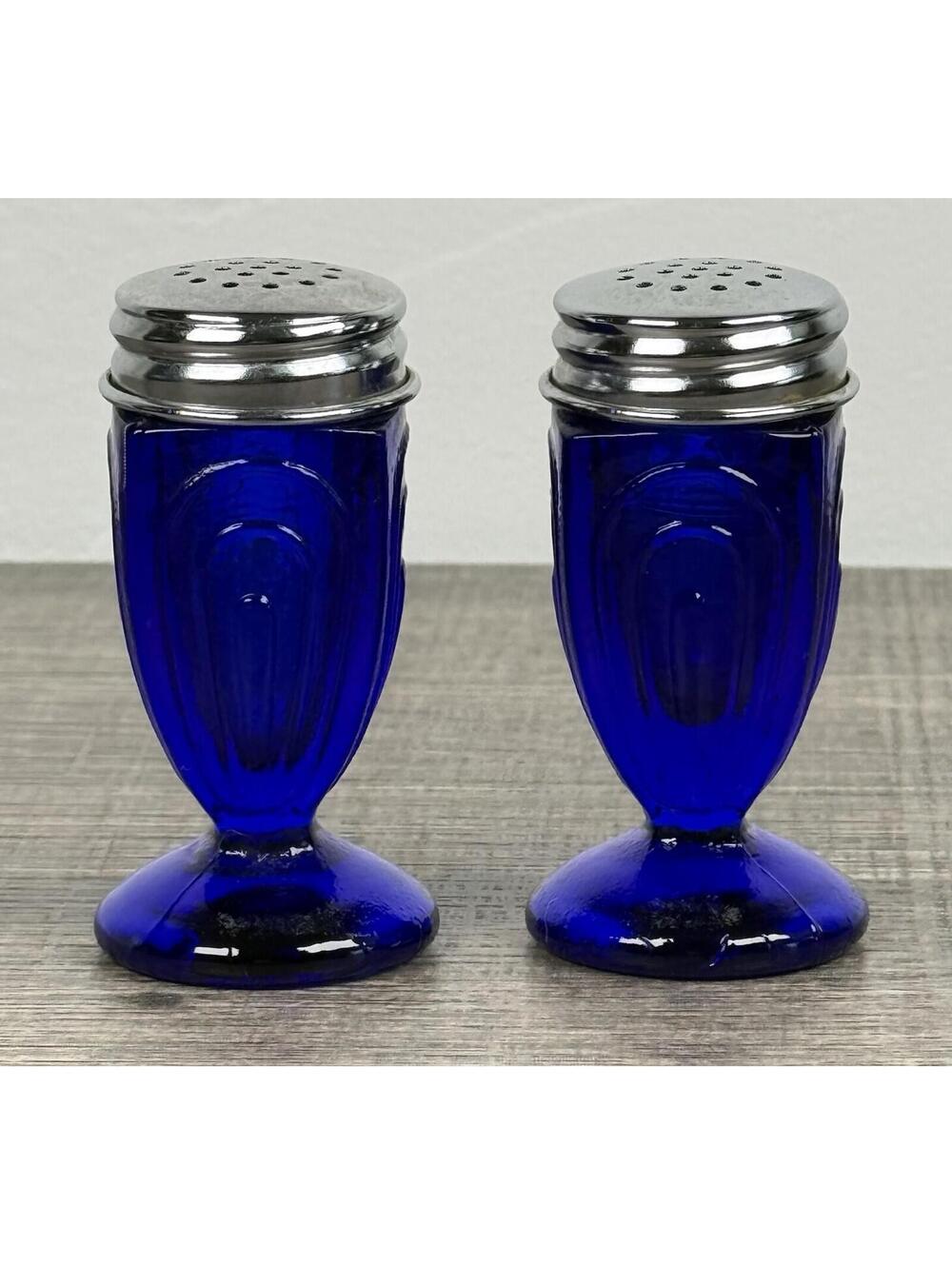 Vintage Cobalt Blue Depression Glass Salt And  Pepper Shakers Art Deco Design